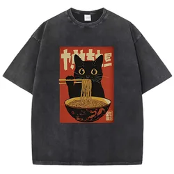 Vintage Washed Retro Cat Ramen Graphic Tee - Black Cotton Streetwear - XXL (Black)