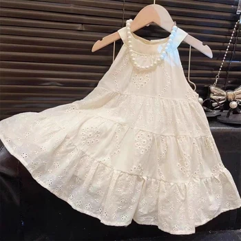 Bear Leader Cut-out Design Girl's Dress 2025 Summer Little Girl Fashion Sling White Holiday Medium Length Vest Dress Girls Dress 1