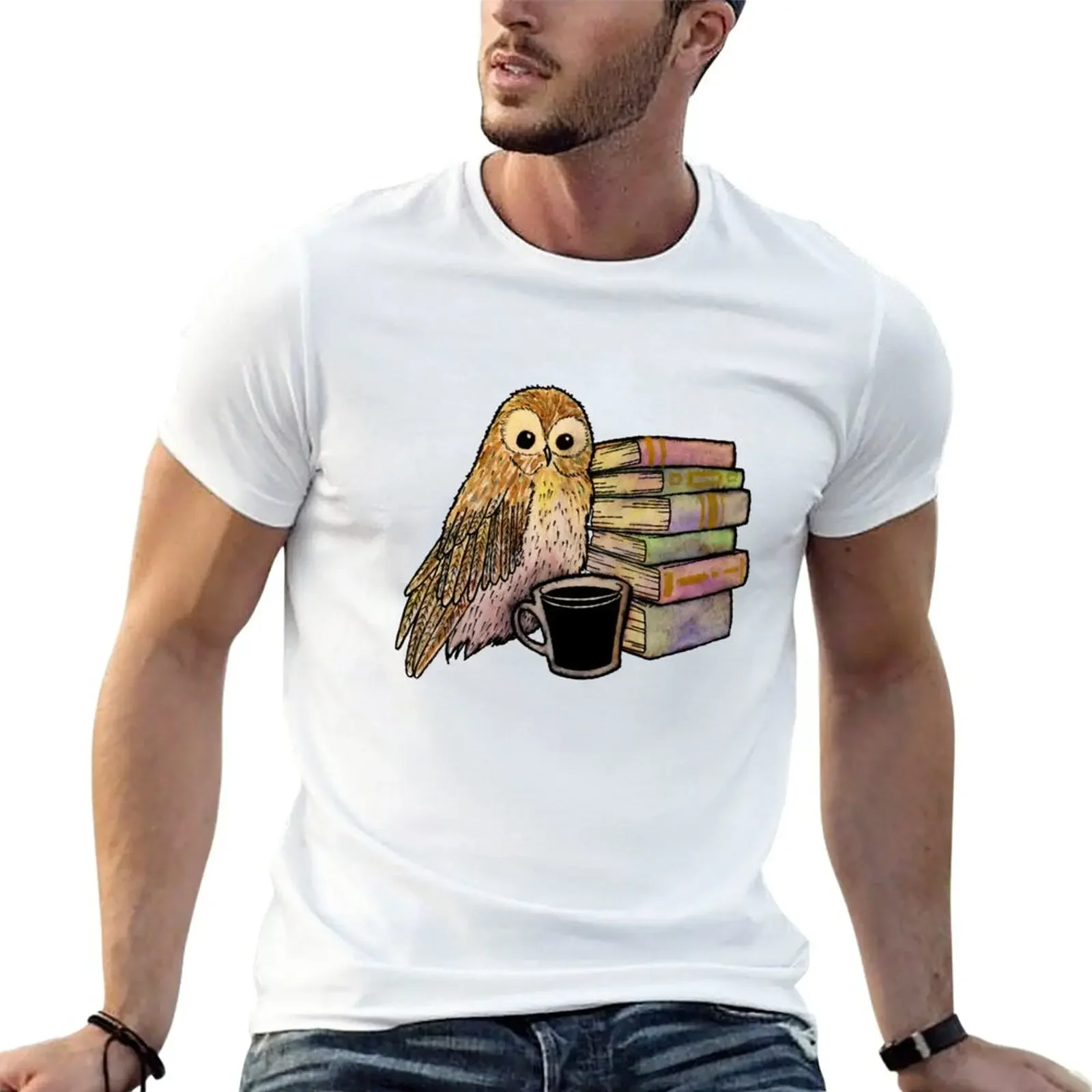 

Coffee, books and owl T-Shirt vintage customs for a boy mens t shirt graphic