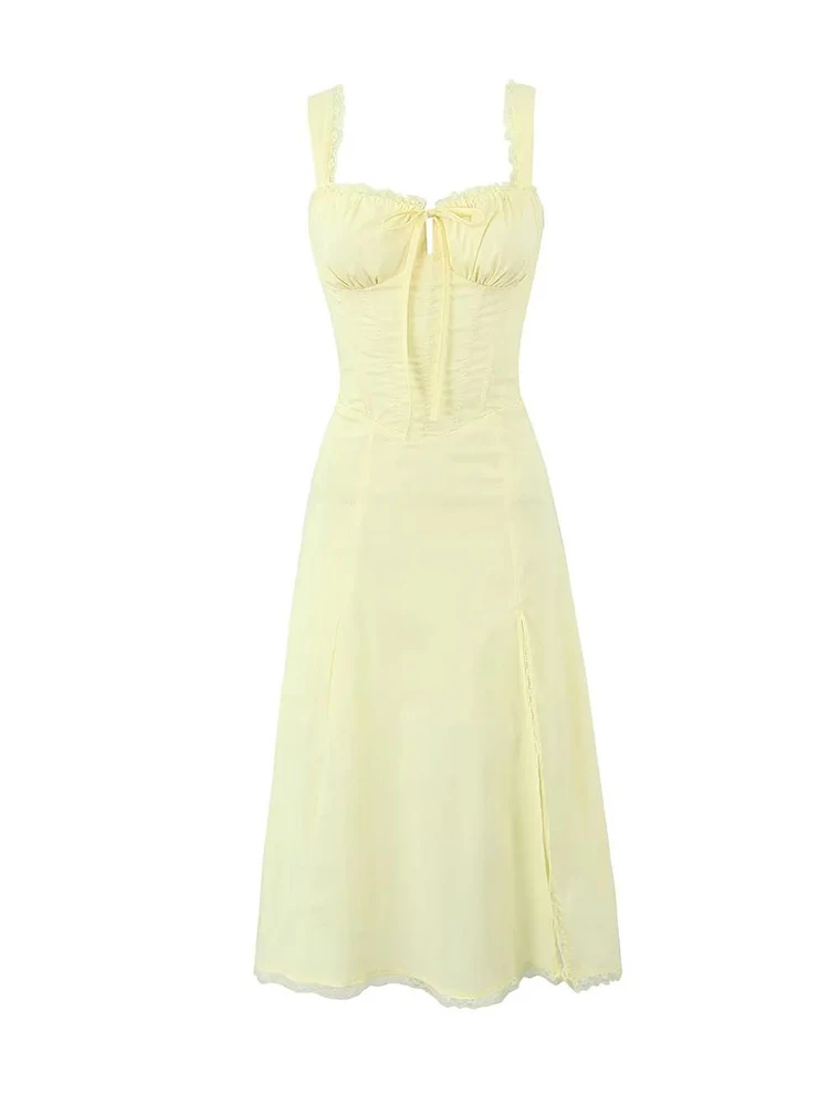 

Summer Camisole Square Collar Midi Dress Women Drawstring Slim Yellow Split Dresses