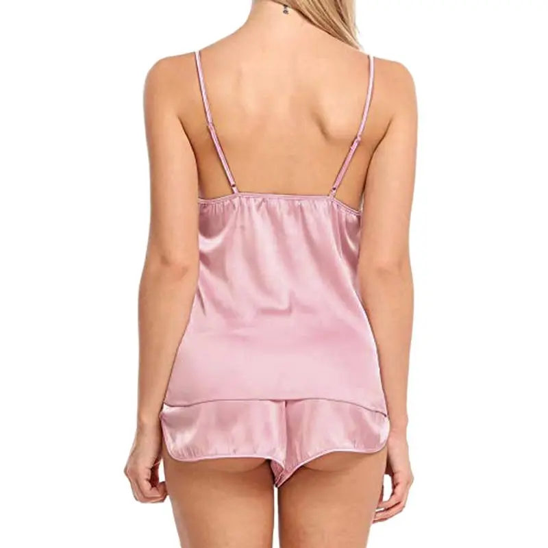 

Womens Ultra-Thin Imitation Silk Two Piece Pajamas Set Sexy See Through Deep V-N