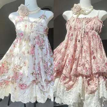 Japanese Sweet Cute Loose Sling Dress Women Design Elegant Lace Up Patchwork Thin Print Dresses Retro Lovely Flower Bud Dress 1