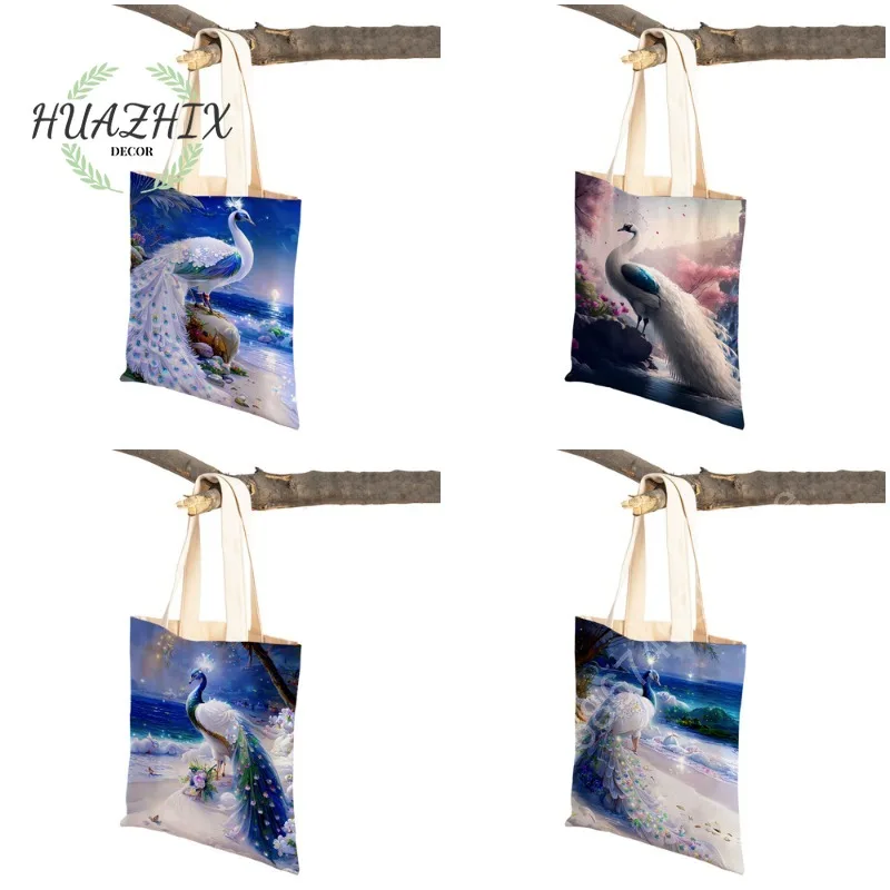 

Peacock Flowers Prints Shoulder Bags Fantasy Lady Handbag Reusable Cute Cartoon Animal Casual Canvas Women Shopping Tote Bag