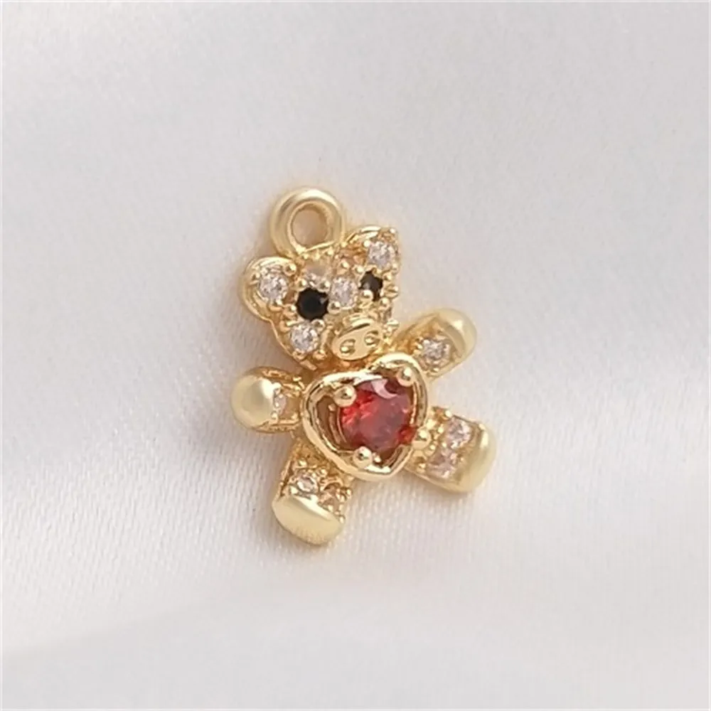 Micro Set Zircon Love Mini Bear Pendant 14K Gold Package Bracelet Necklace Headpiece DIY Charm Pendant Accessories K247