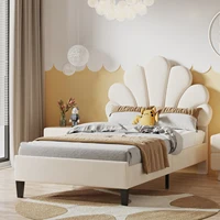 Rosahwnda Lit simple pour enfants 90/140x200 cm, lit double, tête de lit fleurie réglable en hauteur, lit rembourré pour filles, sans matelas 4