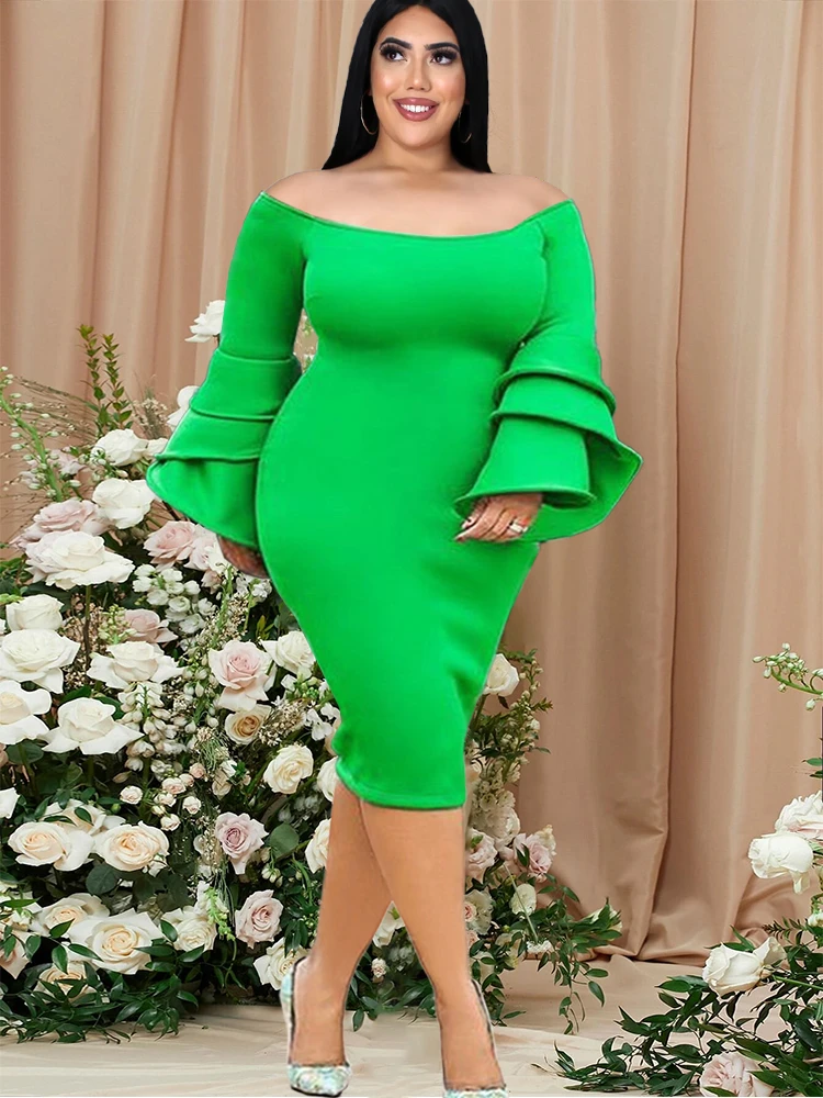 Green Dress Women Party ruffle Flare Sleeve Sexy Bodycon Pencil Dresses