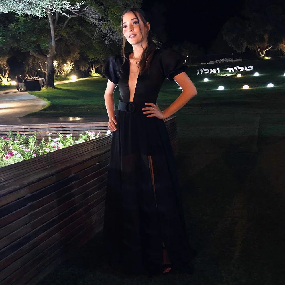 

Sexy Prom Dress Mini Jumpsuit Deep V Neck Short Puffy Sleeves Black Prom Gown for Women 2023 A Line Thigh-High Slit Evening Gown