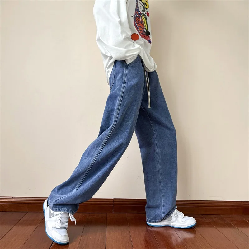 2022 New Men's Loose Jeans Men's High Street Straight Elastic Waist Wide Leg Pants Casual Trousers