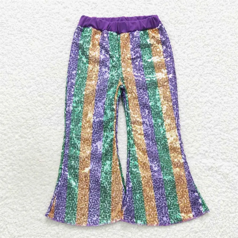 

Wholesale Kids Stripes Trousers Clothing Baby Girl Sequins Soft Comfortable Children Bell Bottoms Pants Mardi Gras Clothes
