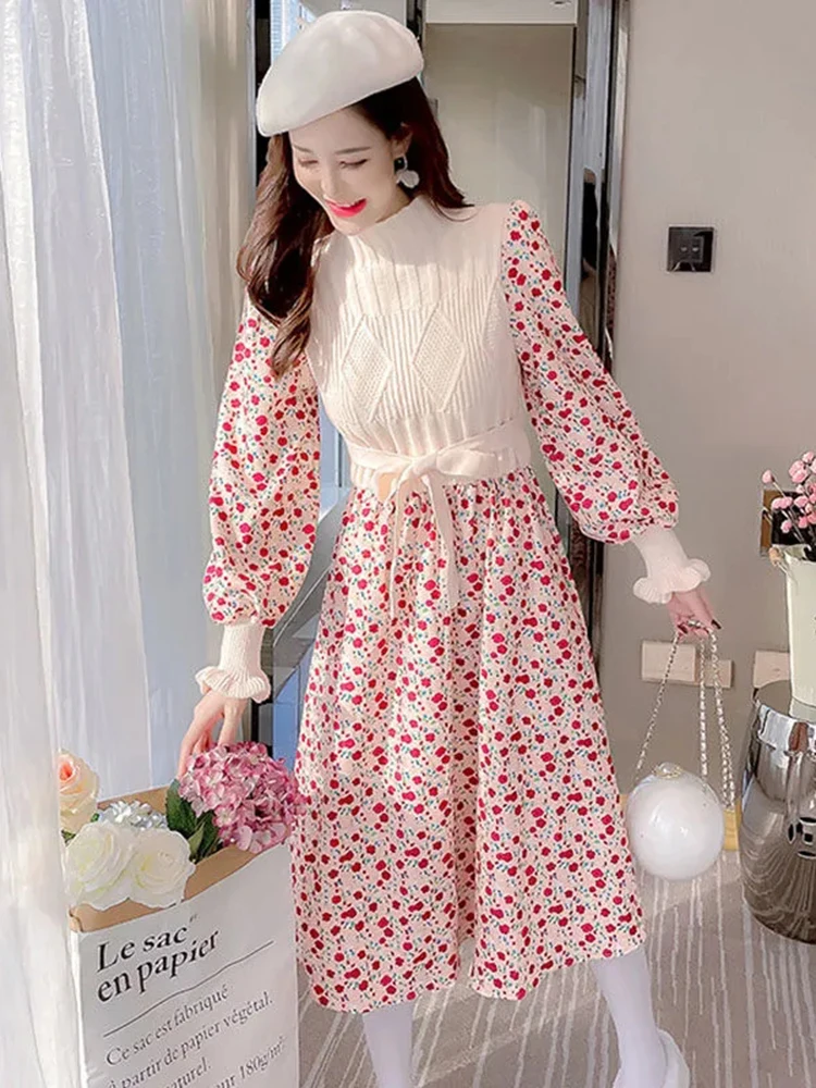 

Corduroy Knitting Vestidos long sleeves Floral A-line Vintage Women Dresses Autumn Winter Bow Sweet Robe Femme 2022 new