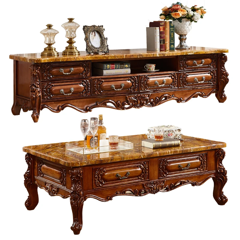 

TV Cabinet Set Tea Table Combination Solid Wood Luxury Cabinet Living Room Furniture Marble Combination