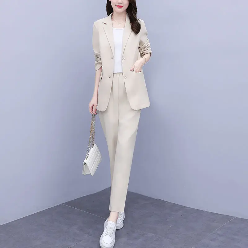 Women's Casual Suit Coat Pants Two Piece 2022 Spring Autumn New Blazers Jacket Trousers Set Korean Elegant Professional Wear blazers for women sexy big show back chain decorative suit slim small suit coat euro american spring new style