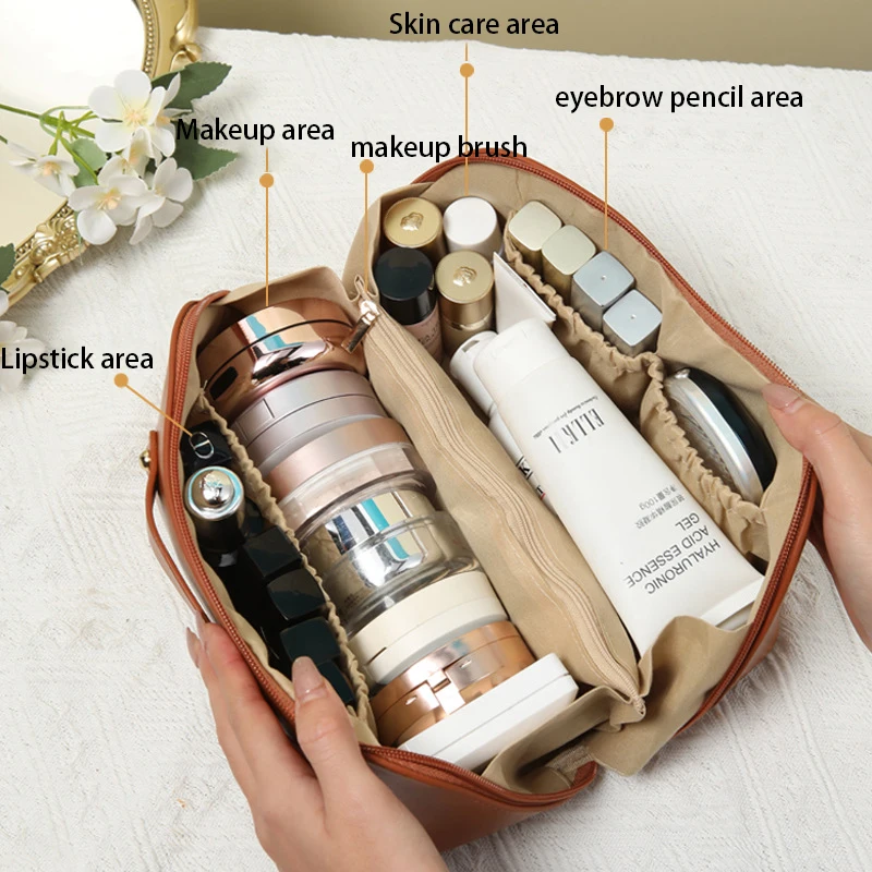Portable Travel Makeup Bags Solid Leather Waterproof Large Capacity Make Up Pouch For Women Washbag Multifunctional Toiletry Kit