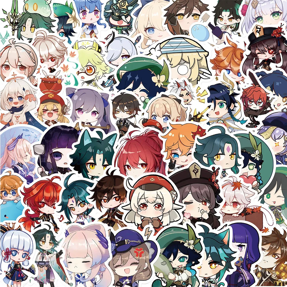 10/30/50/100pcs Game Genshin Impact Anime Stickers Kid Toys DIY Laptop Motorcycle Phone Case Decals PVC Waterproof Cool Sticker 10 30 60pcs anime genshin impact stickers chibi hutao klee eula nahida game cartoon decals diy laptop luggage car vinyl sticker