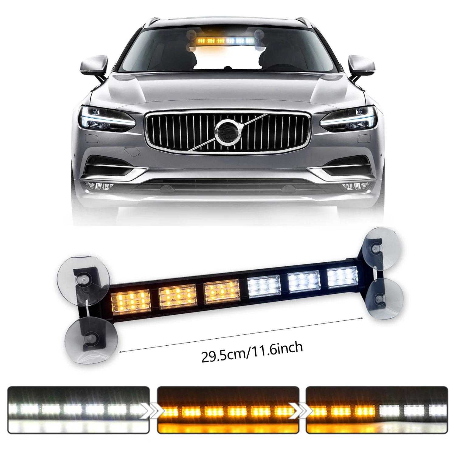 30CM LED Light Bar - 19 Flash Mode Amber White Emergency Strobe Light Strip 12V-24V Car Plug Power Mode for Motor Vehicles