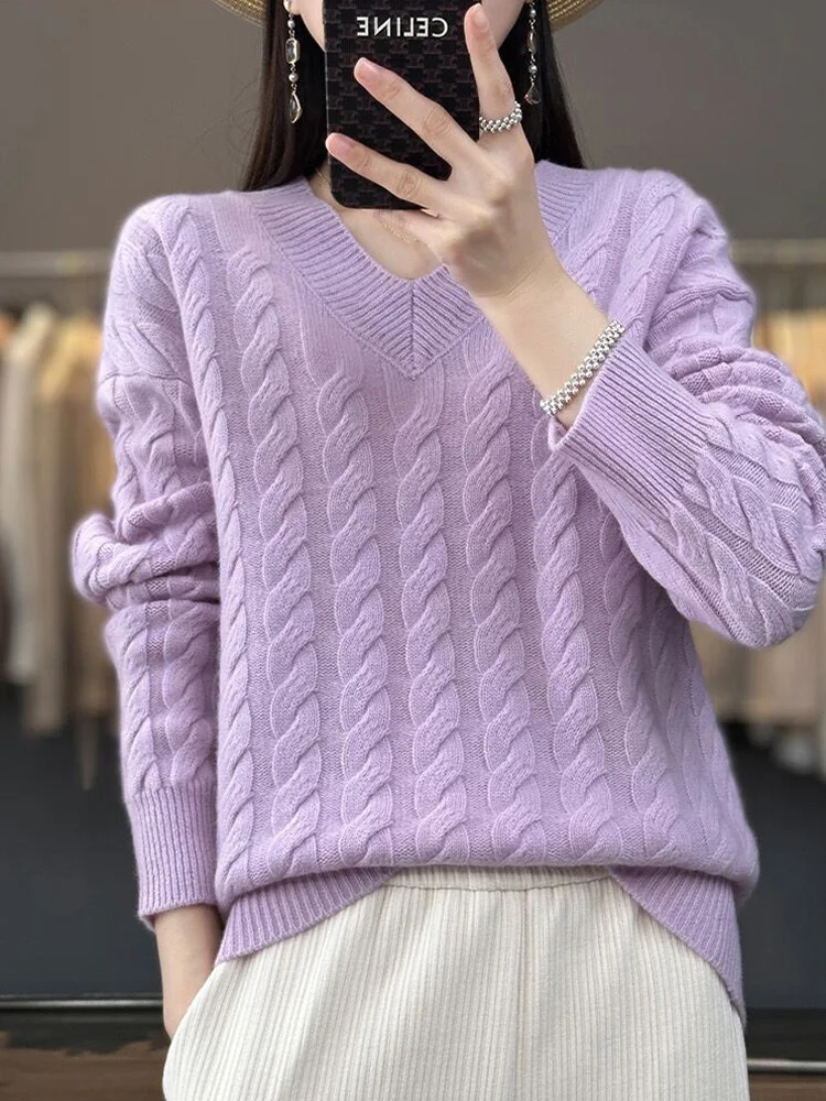 

High-Quality V-neck Twist Pullover Women Autumn Winter Long Sleeve Knit Sweater Female Loose Jumper Pullovers Lady Blouse Tops