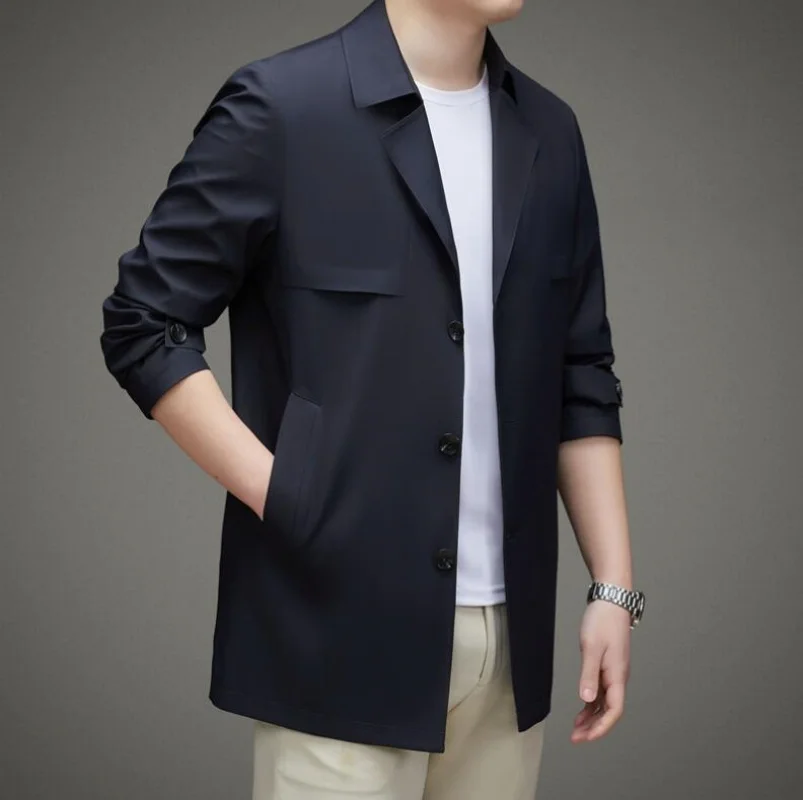 Spring Fall Men's Clothing Trench Coat Lapel Single Breasted Straight Business Casual Youth Youth Popular Style Jacket Men