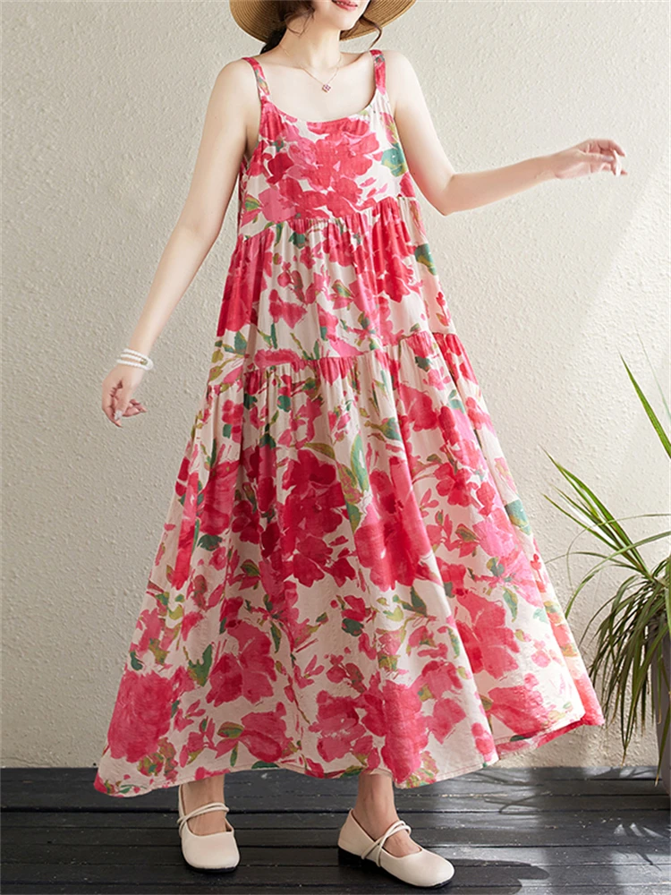 

Cotton Vintage Spaghetti Strap Sleeveless Dresses For Women 2024 New Summer Casual Loose Long Dress Vestidos Femme Robe Clothing