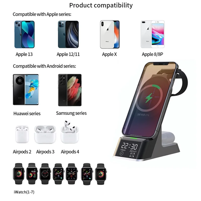 15W Alarm Clock Qi Wireless Charger For Iphone XS 8 11 12 13 Pro Max Wireless Charging Station For Apple Watch Airpods 6 5 4 3 2 quick charge usb c