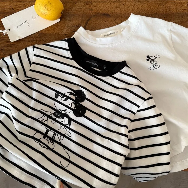 Kids Long-sleeved Shirts for Spring Casual Stripe Tops For Boys Girls Mickey Print Round Neck Base Shirt Baby Cute Fashion Top
