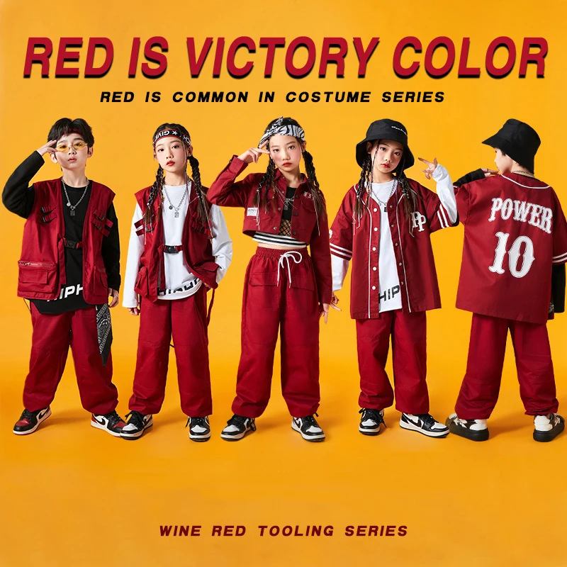 Red Series Hip Hop Dance Costume For Kids Jazz Performance Girls Kpop Boys Street Dance Drum Stage Wear