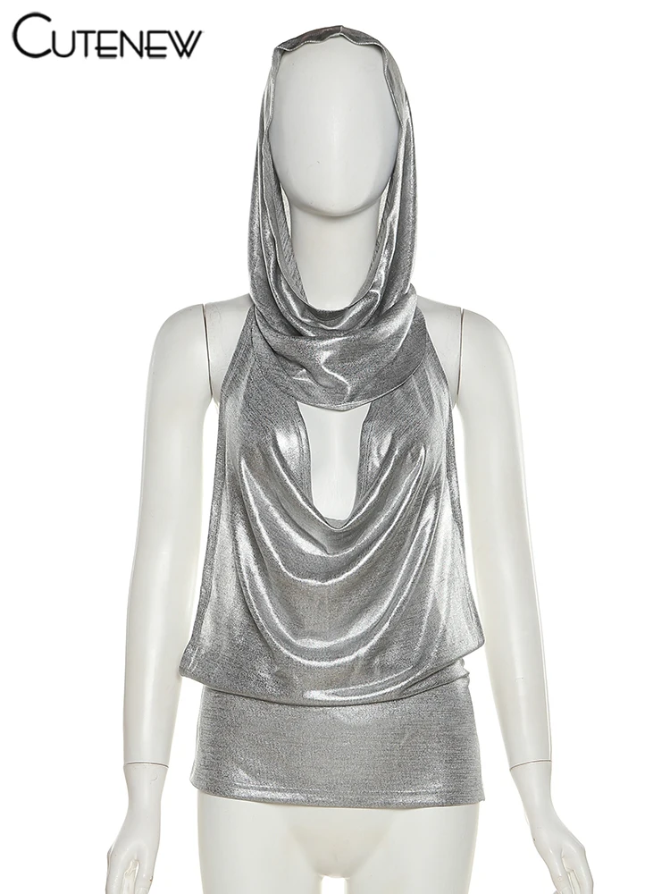 Sexy Chain Backless Tank Top Suit Women Halter Low Swinging Collar Indie Folk Silver-sequins Vest with Scarf High Street