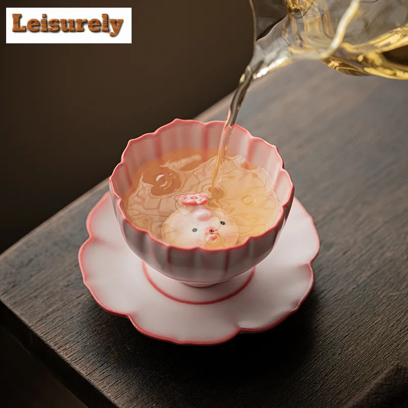 Pig Oil Jelly Powder Ru Kiln Petal Teacup Ancient Tea Bowl Cup For Tea Tea-tasting Fragrance Cup Jianzhan Master Cups Saucer