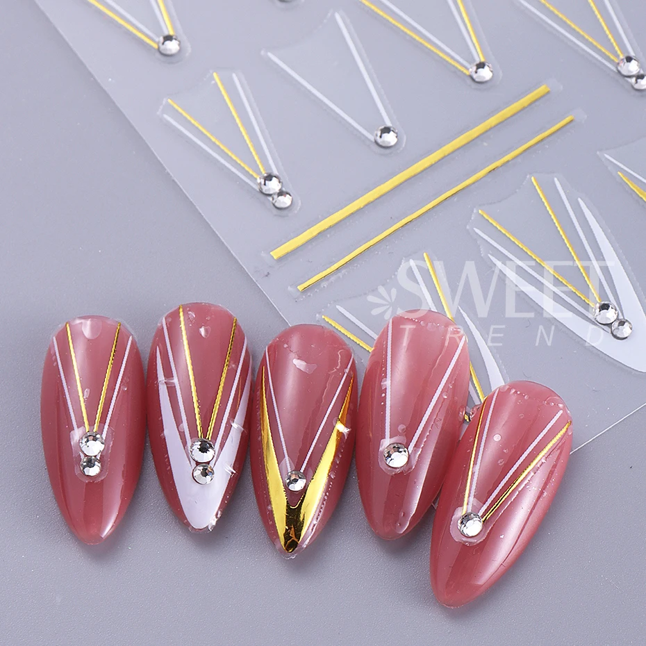2pcs French Stripe Line Rhinestone Nail Stickers Decals 3D White Gold Irregular Metallic Line Adhesive Sliders Manicure Decor
