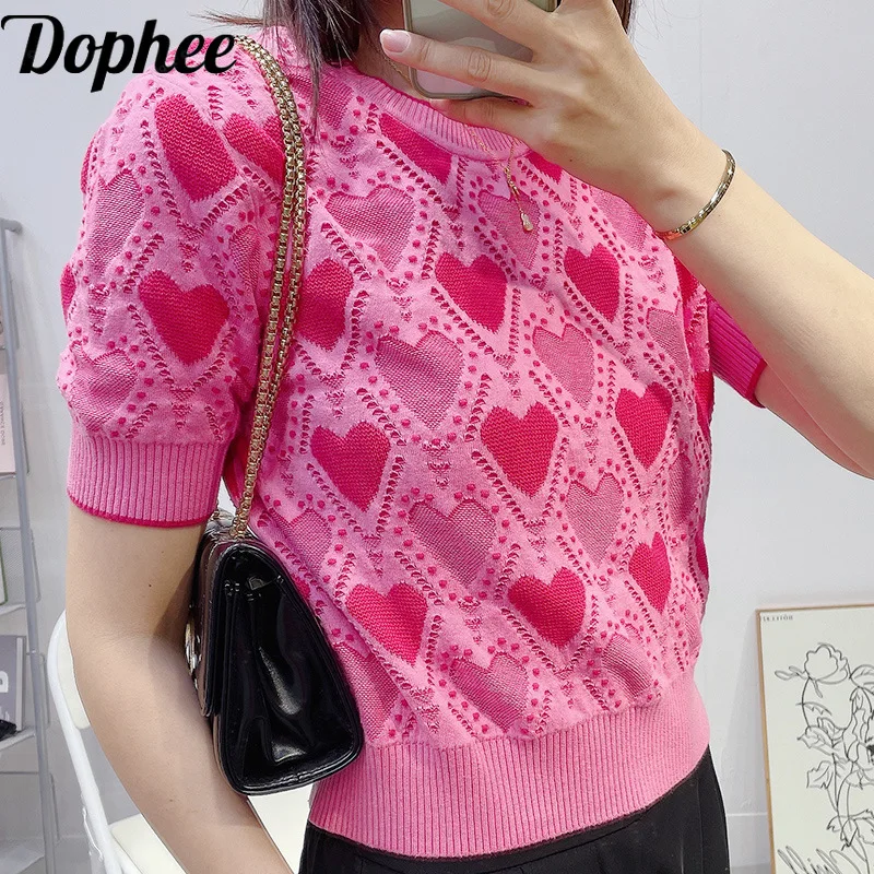 

Dophee 2024 New Spring Summer Short Sleeve T-shirt Women Colorblock Love O-neck Pullover Top Cute Pink Female Knitted Shirts