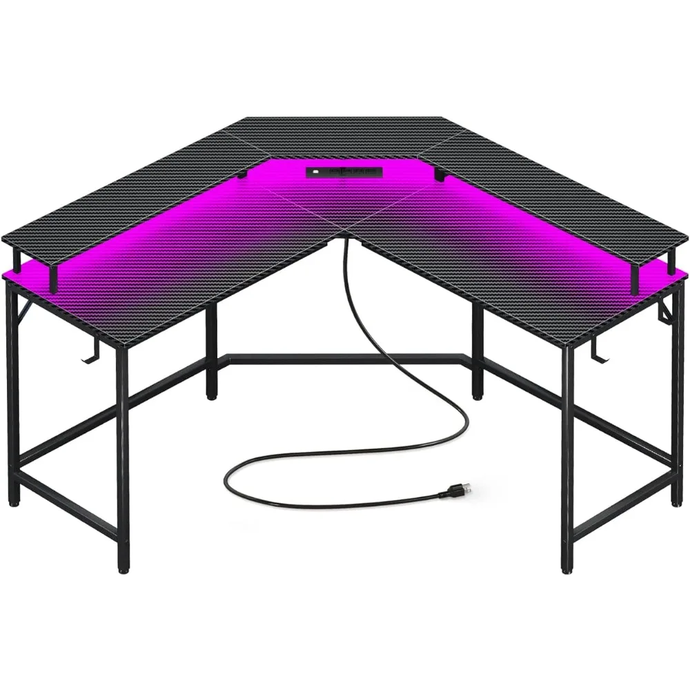 Computer Desks Home Office Desk Computer Games Table for Laptop Bed L Shaped Gaming Desk With Power Outlets & LED Lights Black