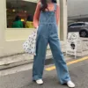 Jeasn Women Denim Overalls Y2k Korean Style Spaghetti Strap Retro Jumpsuits With Pockets Oversized Buttoned Wide Leg Playsuits 4