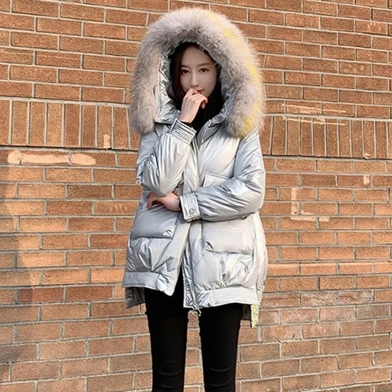 white-duck-down-jacket-for-women's-solid-color-hooded-fur-collar-casual-fashion-loose-thick-medium-length-winter-f308
