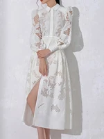 فستان نسائي مطرز ، مجوف ، نحيل ، دانتيل ، منقسم ، منتصف الساق ، طية صدر ، سحاب ، موضة جديدة ، صيف ، 13DB1438 1