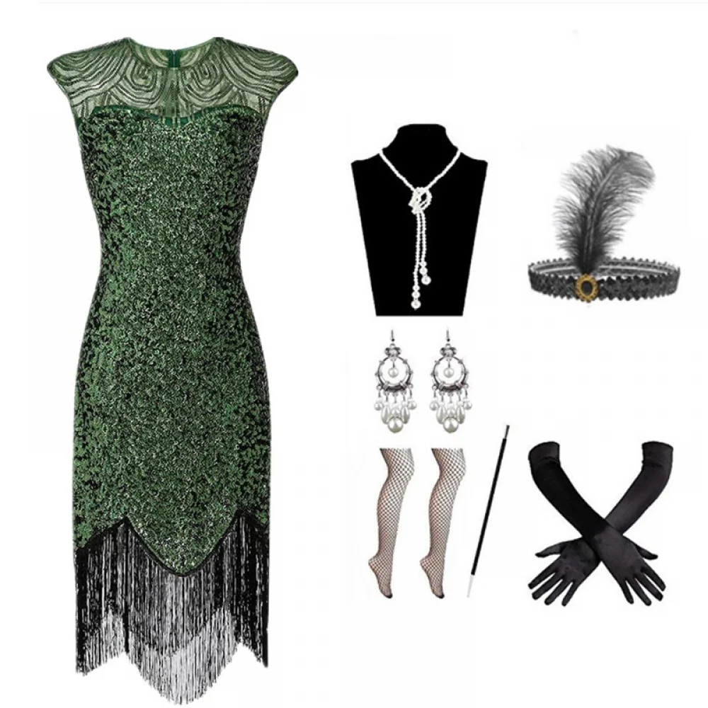 

Halloween Evening Party Dress 1920S Gatsby Golden Black Green Sequin Fringed Paisley Flapper Gown with 20S Accessories Set