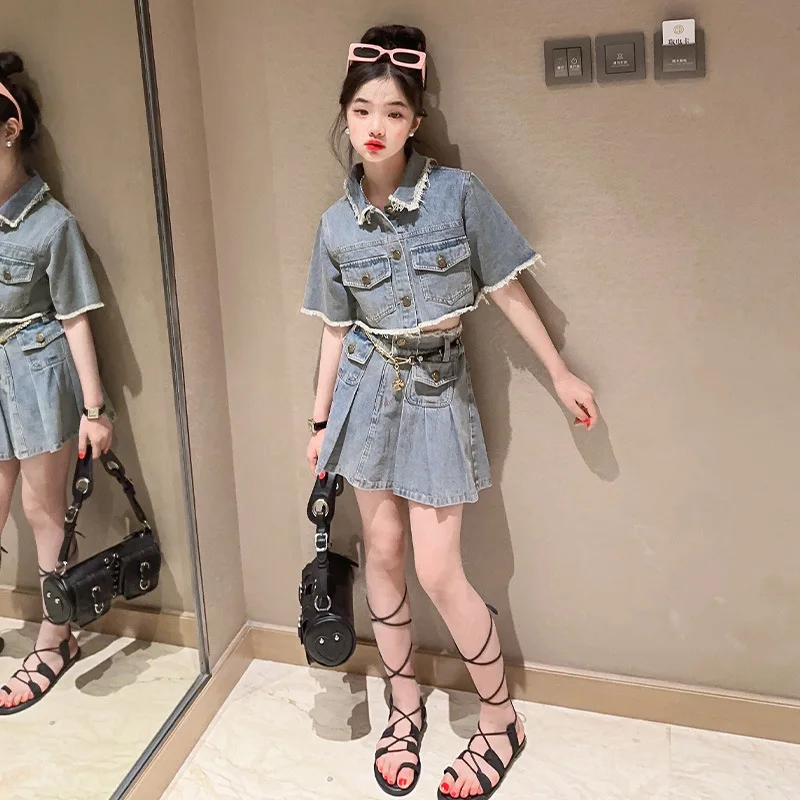 

8 10 years Girls Pleated Denim Skirts Set Korean Clothing 2023 Spring and Summer Sweet Stylish Streetwear