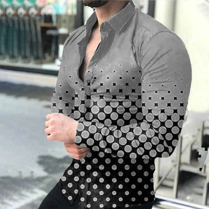 thumbnail image 1 of Camisa informal de manga larga para hombre, de primavera 2024, con estampado digital 3D de lunares y solapa de un solo pecho, camisa de fiesta 5XL, 14 colores, 1 of 5