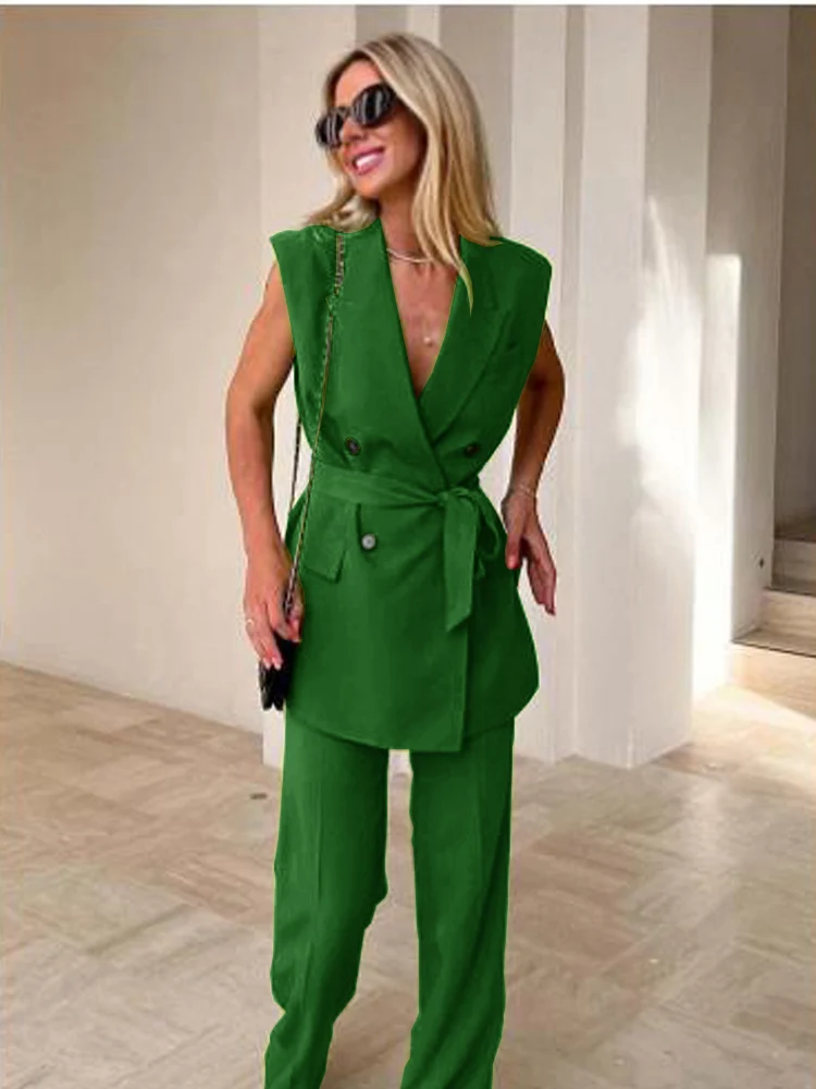 V-neck Chic and Elegant Woman Set Woman 2 Pieces Casual Fashion Vest Suit Blazer Suits Women's Clothing