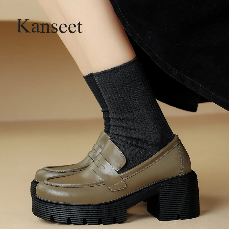 

Kanseet Casual Loafers 2024 Spring Concise Platform Women Shoes Round Toe Genuine Leather Handmade Thick High Heel Lady Footwear