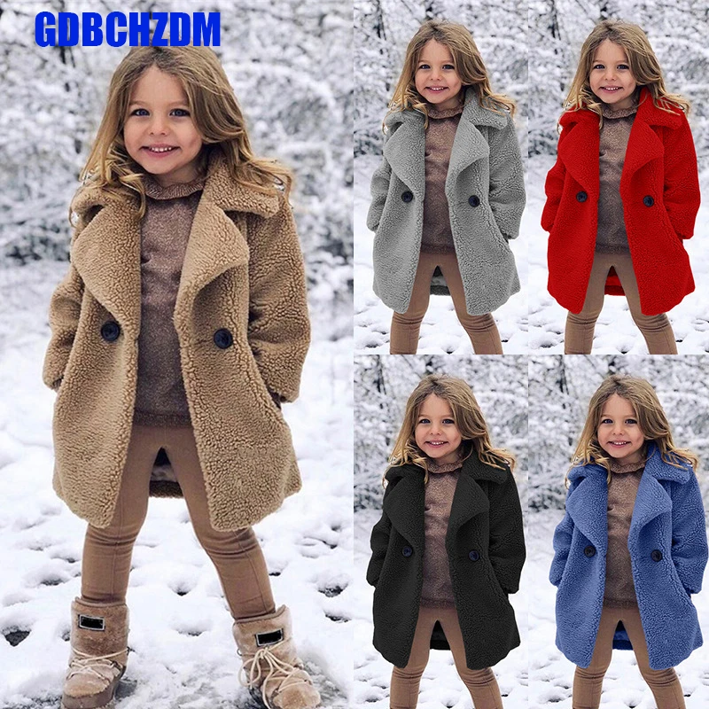 

(18M-6T) Children's Long-Sleeved Solid Color Plush Padded Coat Faux Fur Warm Jacket Windproof Winter Solid Coat Thick Warm F8*