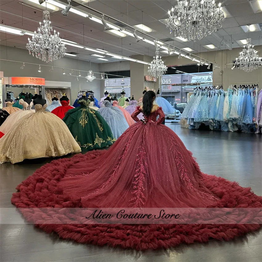 Sparkly Wine Red Princess Quinceanera Dress Long Sleeves Appliques Beads Ruffle Sweet 16 Dress Ball Gown Court Train Customized