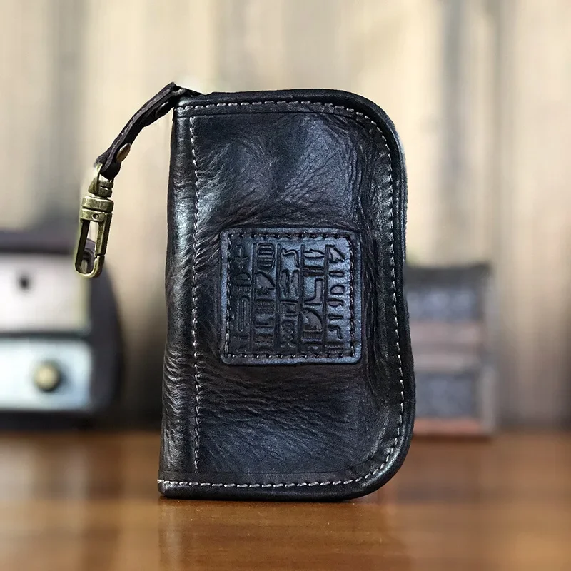 Handmade Cowhide Bag Men's Zipper Waist Hanging Car Key Bag Leather Purse Women's Leather Key Holder Pouch Cartera