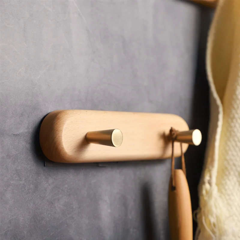 HeMu Black Walnut Wood Clothes Hook, Wall Non-perforated Brass Hanger, Bedroom Foyer, Solid Wood, Creative Rack