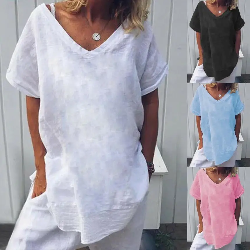 

Spring Summer Vintage Blouses Leisure Batwing Short Sleeve Solid Cotton Linen Blouse Casual Ladies Loose Tops Blusa Mujer