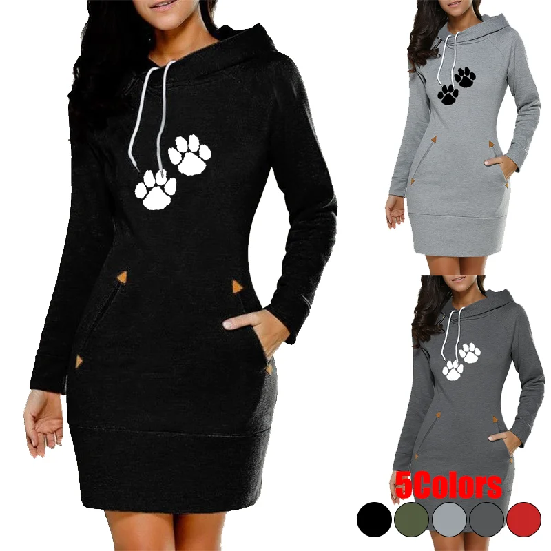 Women's Hoodies Dress Cat Paw Printed Spring Autumn Knee-length Dress Hooded Warm Fashion Casual Pocket Female Sweater Dress