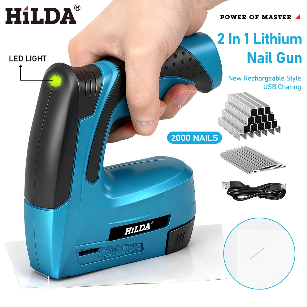 HILDA 2 in 1 에어 네일건 전동 네일건 휴대용 가구용 공압 네일건 DIY 도구 (스테이플 2000개 포함) LED 라이트