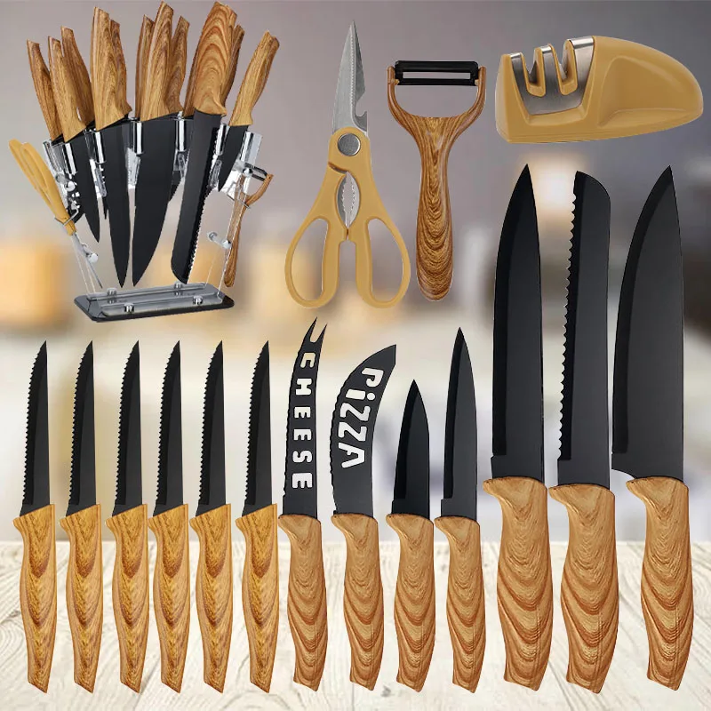 

Stainless Steel Chef Knife Household Complete Set of Combination Cheese Knives Wood Grain Handle Meat Cleaver Scissors
