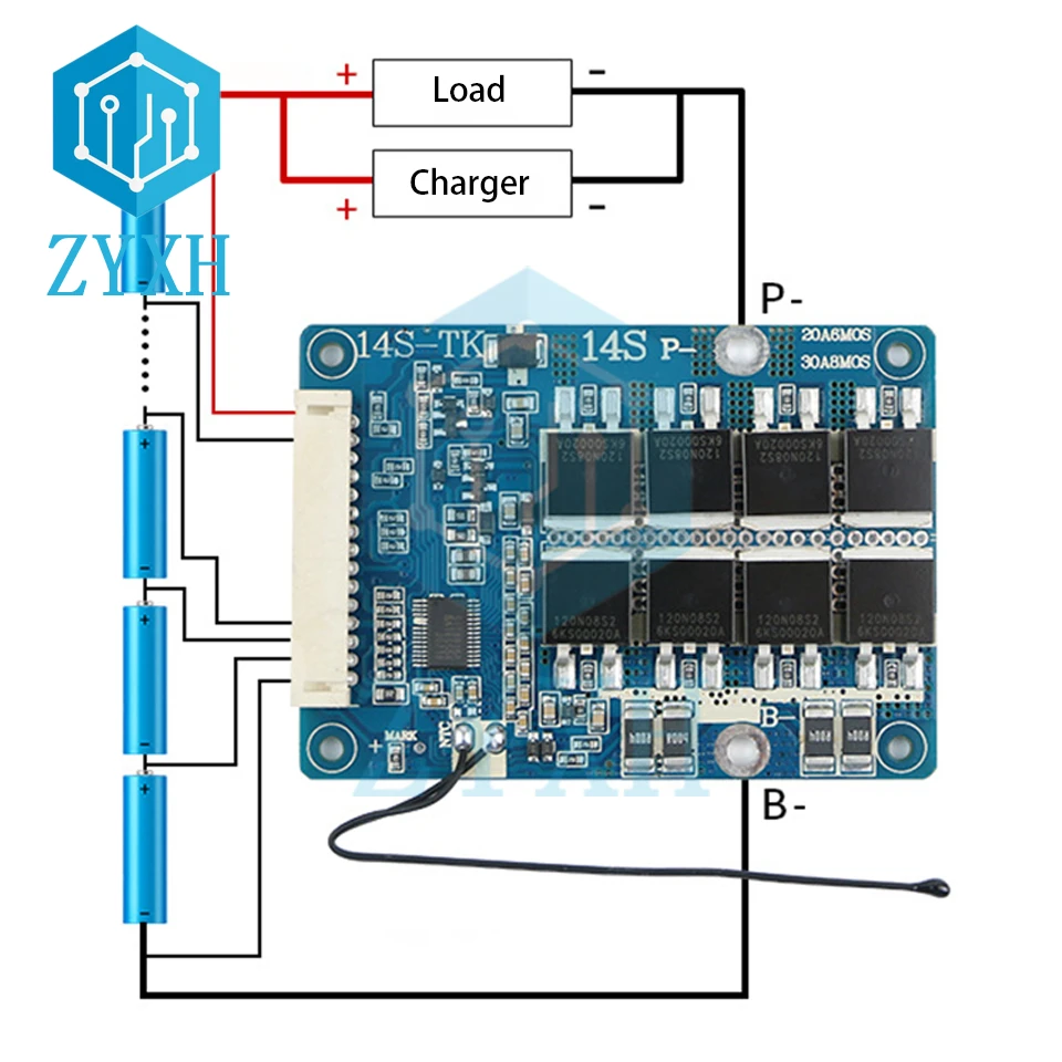 BMS-Li-ion Baterias Charge Board, 14S, 52V, 20A,