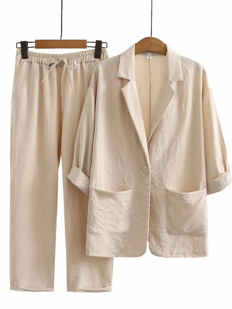 Spring Cotton Linen Suit For Women's Suits Tracksuit Long Sleeve Shirt Loose  Pants Set Female Casual Elegant Ladies 2 Piece Sets Color: molvse, Size: M