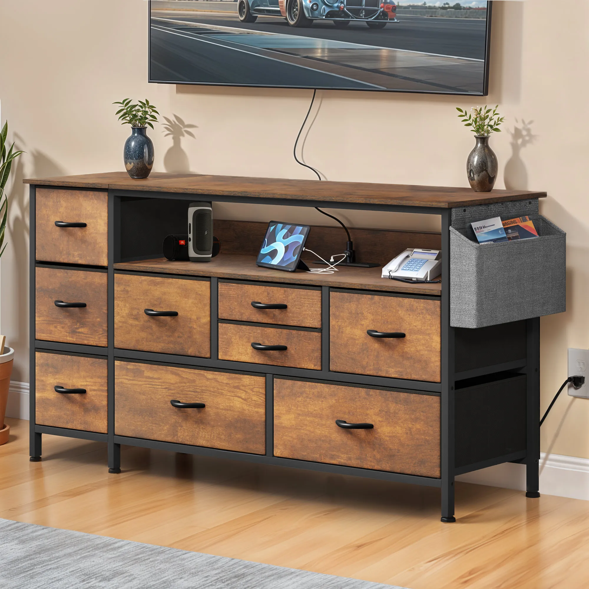 TV Stand Dresser Storage 9 Drawer Power Outlet Side Pockets Hooks
