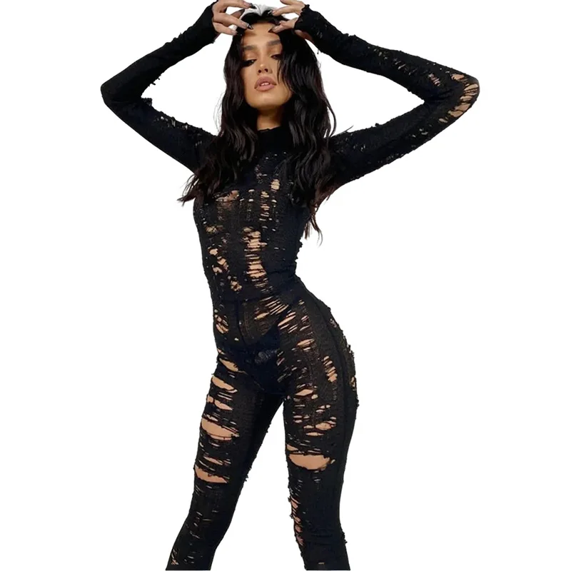 Women New Y2K Knitted Hollow Out Jumpsuit Long Sleeve Party Turtleneck Sexy One-pieces Pants Sexy&High Streetwear Tights